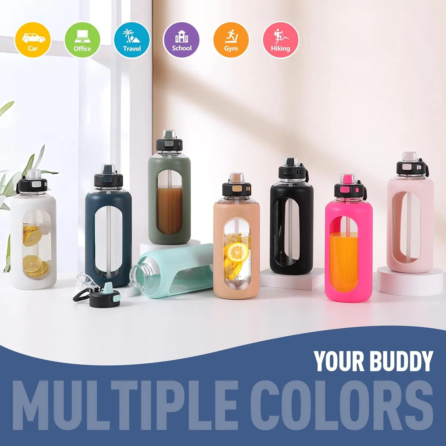 Kodrine 64 oz Half Gallon Water Bottle with Straw, Large Glass Water Bottle with Locking Leak-Proof Lid and Soft Silicone Spout, Water Jug with Carry Handle, Motivational Time Marker, White