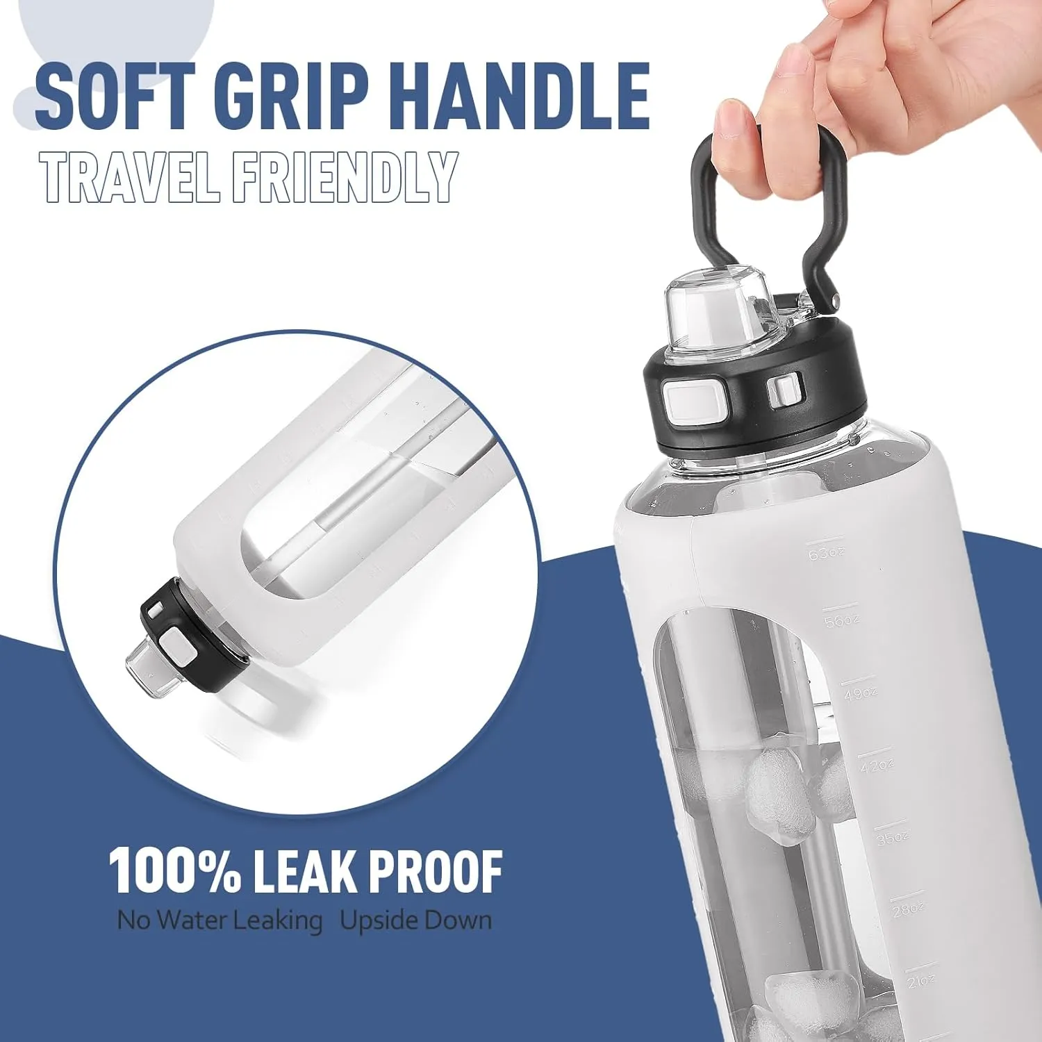 Kodrine 64 oz Half Gallon Water Bottle with Straw, Large Glass Water Bottle with Locking Leak-Proof Lid and Soft Silicone Spout, Water Jug with Carry Handle, Motivational Time Marker, White