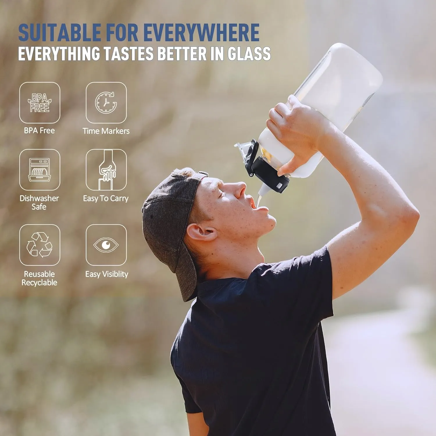 Kodrine 64 oz Half Gallon Water Bottle with Straw, Large Glass Water Bottle with Locking Leak-Proof Lid and Soft Silicone Spout, Water Jug with Carry Handle, Motivational Time Marker, White