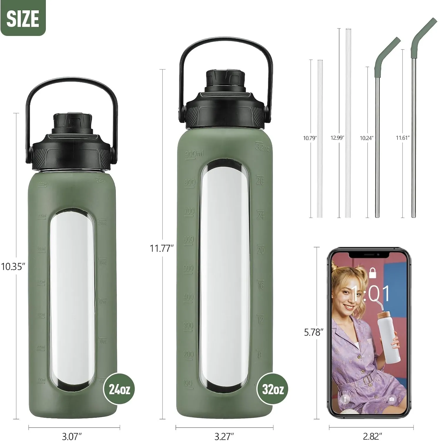 Kodrine Water Bottle with Straw, 24 oz Glass water Bottle with 2 Lids Bamboo Straw Lid and Spout Lid with Handle, 32 oz Clear Water Bottle Glass for Sports Travel, Waterbottle with Time Marker