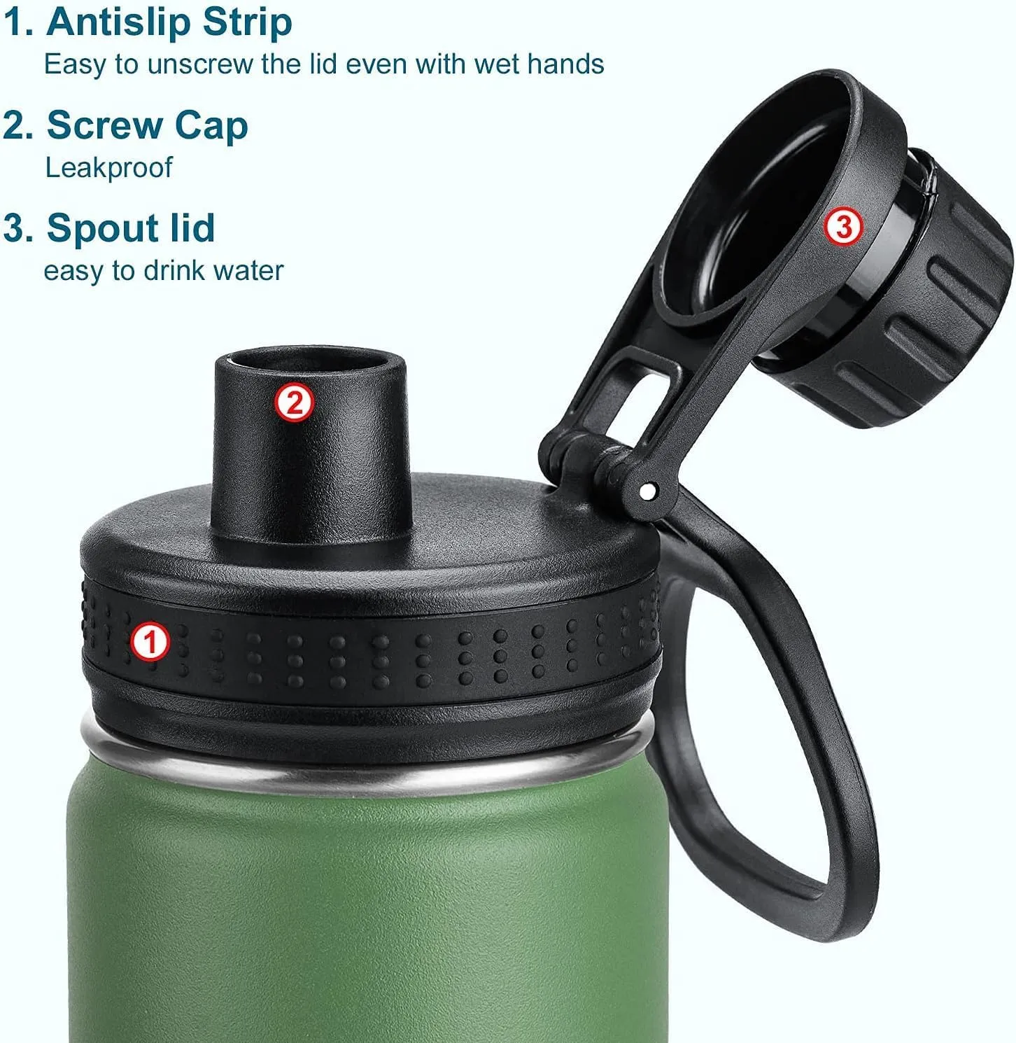 koodee 16 oz Water Bottle Stainless Steel Double Wall Vacuum Insulated Wide Mouth Water Bottle with Leakproof Spout Lid-Reusable Metal WaterFlask BPA Free (Grass Green)