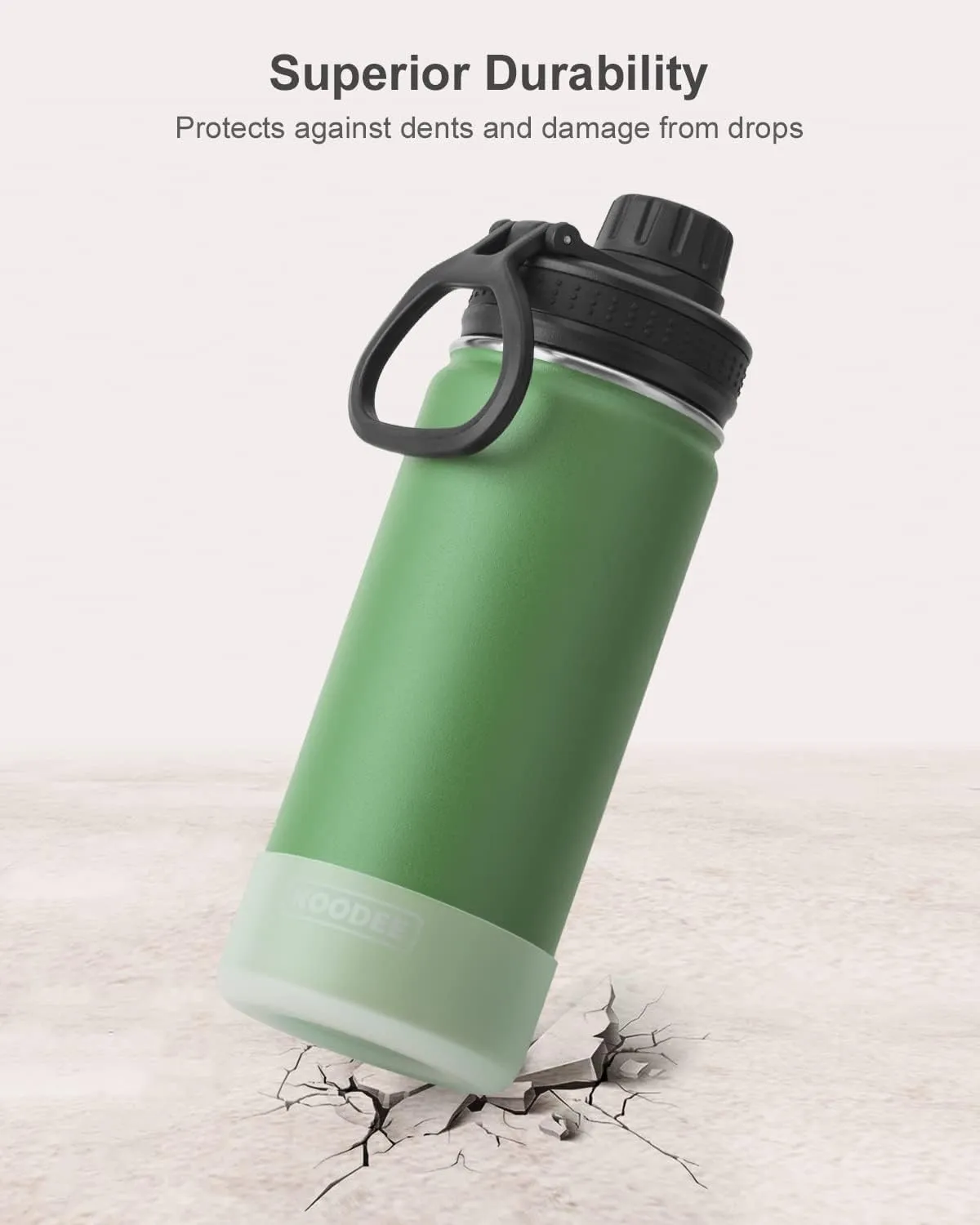 koodee 16 oz Water Bottle Stainless Steel Double Wall Vacuum Insulated Wide Mouth Water Bottle with Leakproof Spout Lid-Reusable Metal WaterFlask BPA Free (Grass Green)