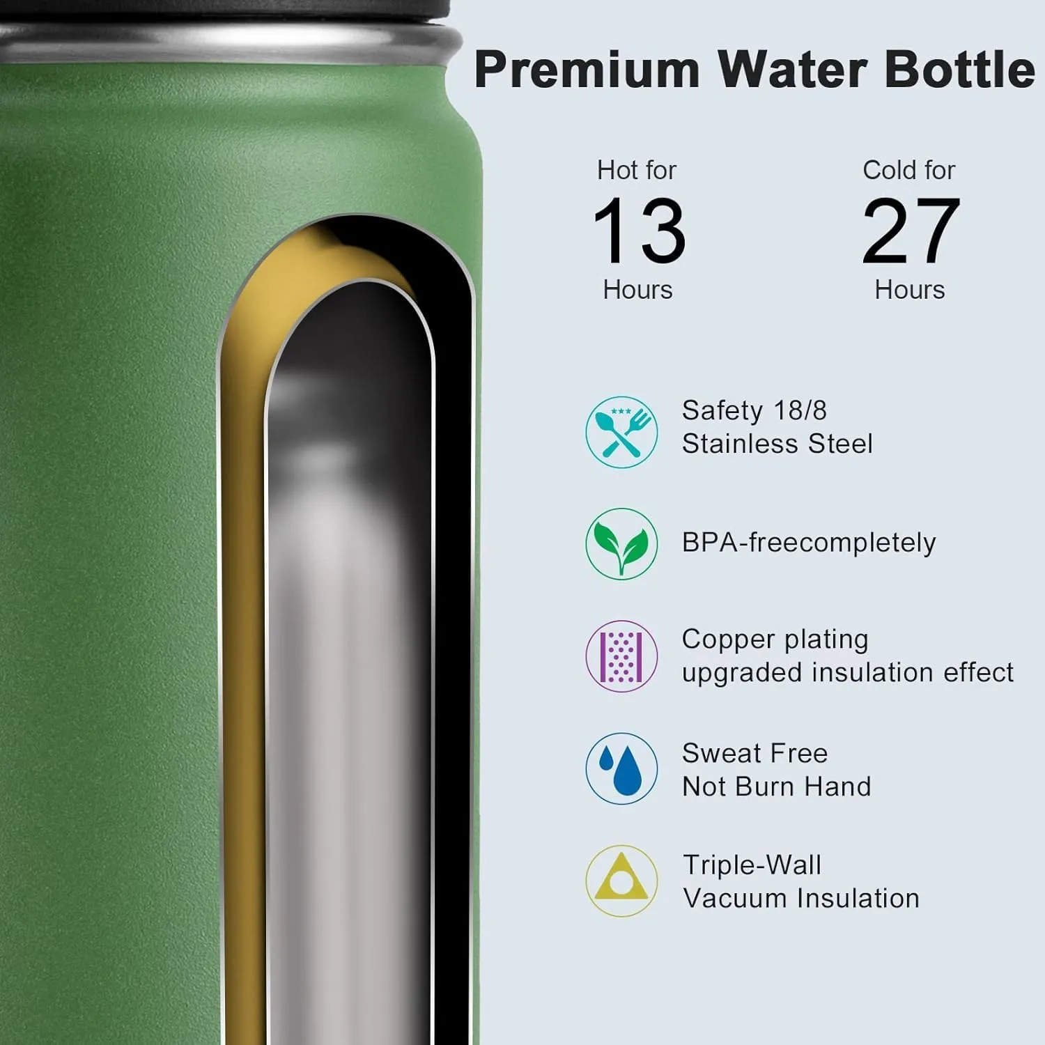 koodee 16 oz Water Bottle Stainless Steel Double Wall Vacuum Insulated Wide Mouth Water Bottle with Leakproof Spout Lid-Reusable Metal WaterFlask BPA Free (Grass Green)