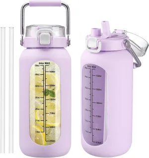 Kytffu 64 oz Glass Water Bottle with Straw and Stainless Steel Handle, Half Gallon Water Bottle with Silicone Sleeve and Time Marker, 2L Large Glass Bottle for Gym, School, Travel, Leak-proof (Purple)