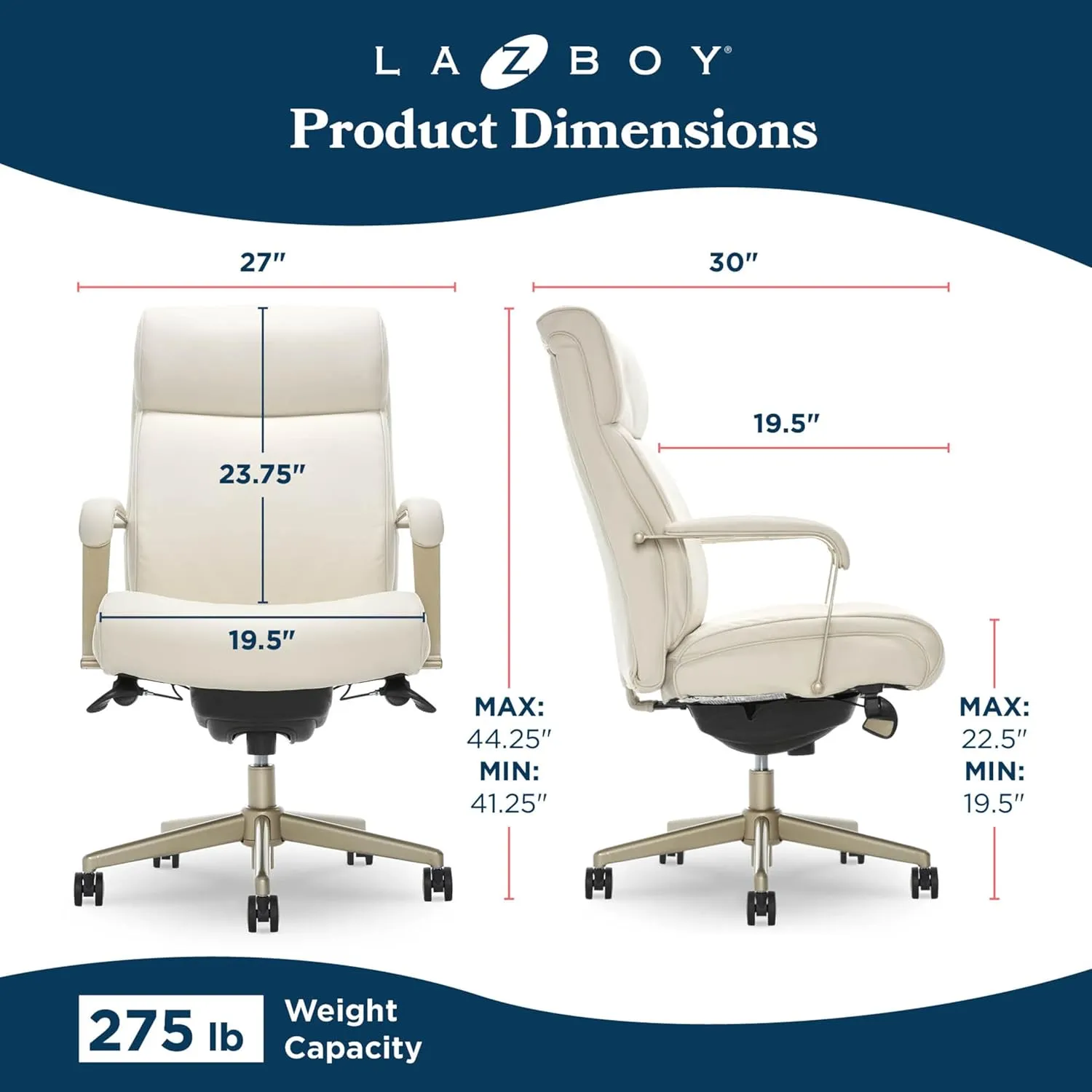 La-Z-Boy Melrose Modern Executive Office Chair, Adjustable High-Back Ergonomic Computer Chair with Lumbar Support, Brass Finish, Ivory White Bonded Leather