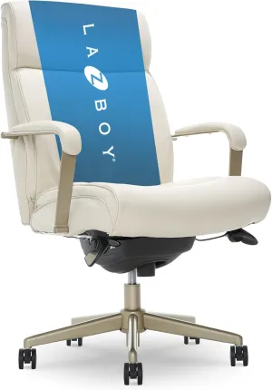 La-Z-Boy Melrose Modern Executive Office Chair, Adjustable High-Back Ergonomic Computer Chair with Lumbar Support, Brass Finish, Ivory White Bonded Leather