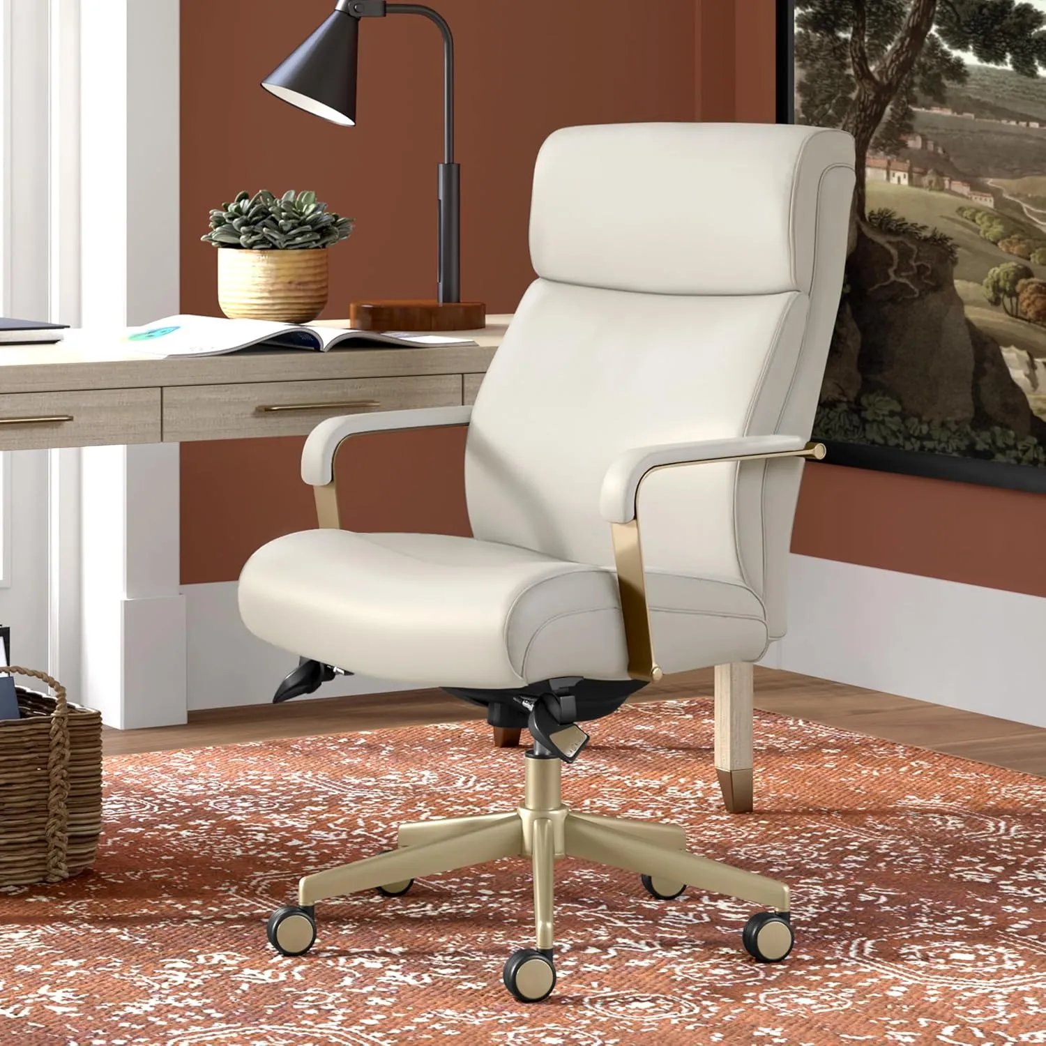 La-Z-Boy Melrose Modern Executive Office Chair, Adjustable High-Back Ergonomic Computer Chair with Lumbar Support, Brass Finish, Ivory White Bonded Leather