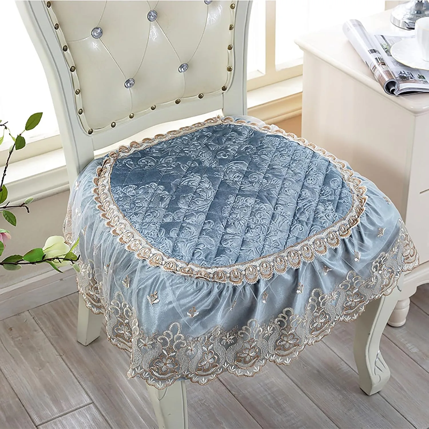Lace Chair Cushion,Non Slip Square Chair Pad Comfort Warm Velvet Seat Cushion with Ties,European Kitchen Seat Pad for Home Decor Dining Office-Blue 50x50cm(20x20inch)