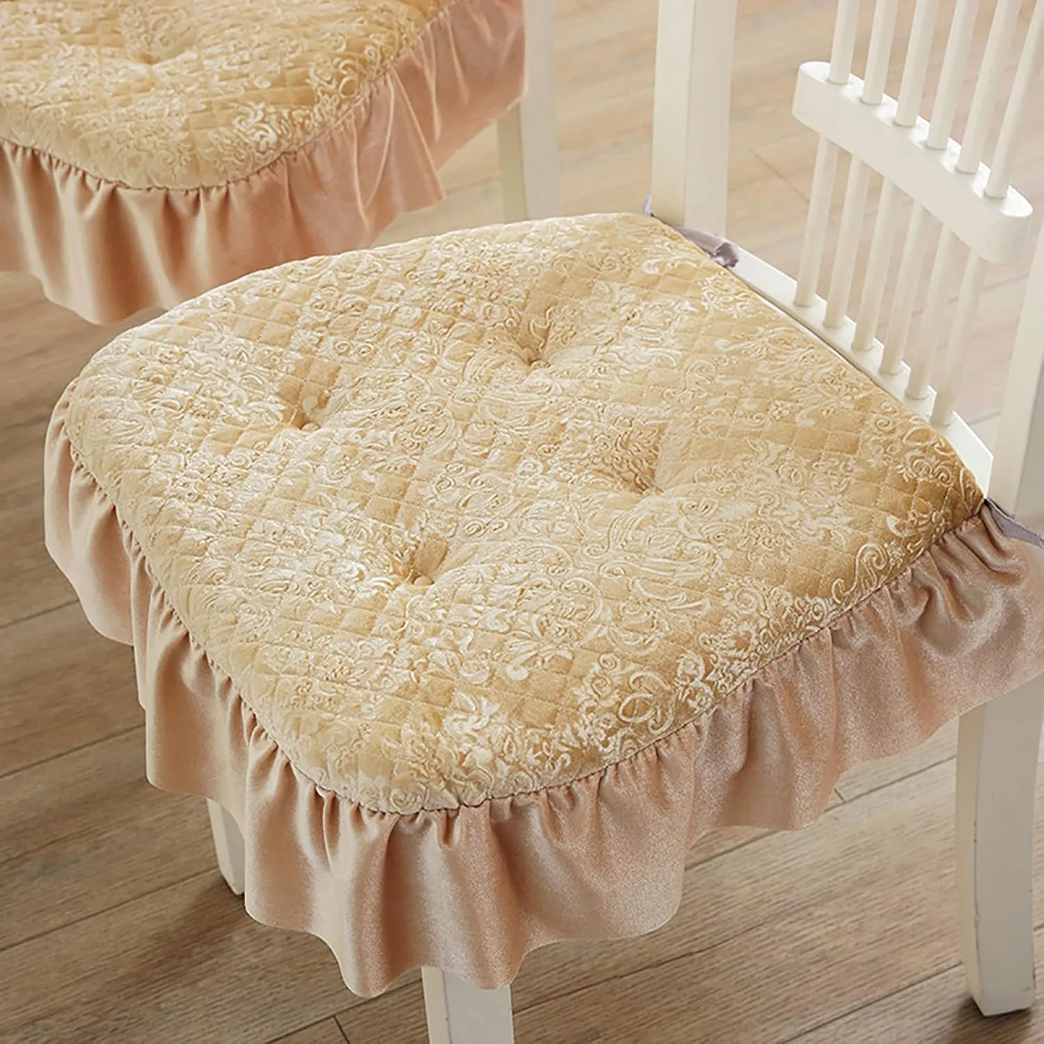Lace Ruffle Chair Cushion,Square Thick Chair Pad Non Slip Seat Pad with Ties,Warm Velvet Seat Cushion European Seat Cover for Home Decor Dining Office (40x43cm(16x17inch), Yellow)