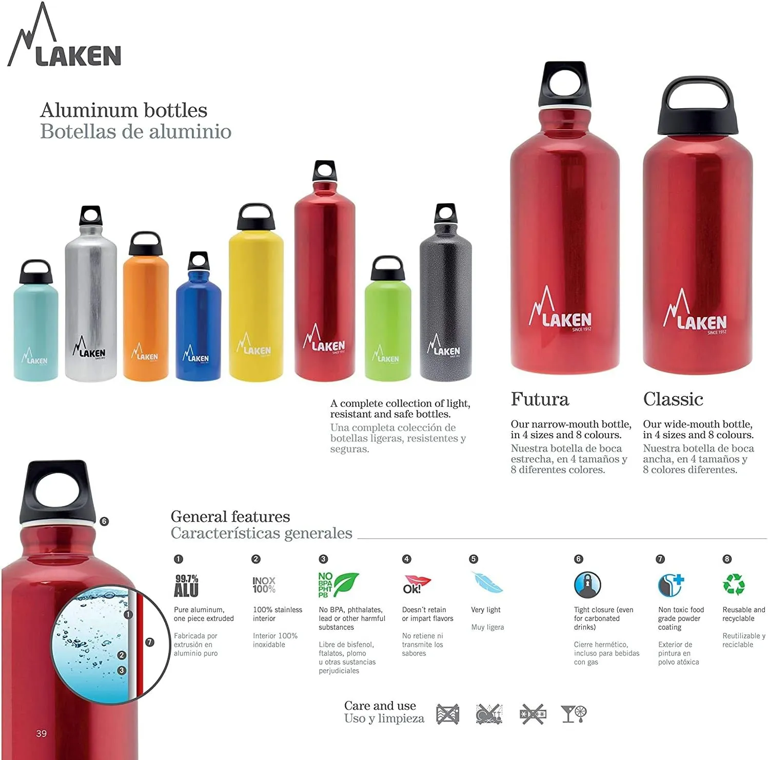 Laken Classic Aluminum Water Bottle, Wide Mouth with Screw Cap and Loop, BPA Free, Made in Spain, 20oz, Khaki