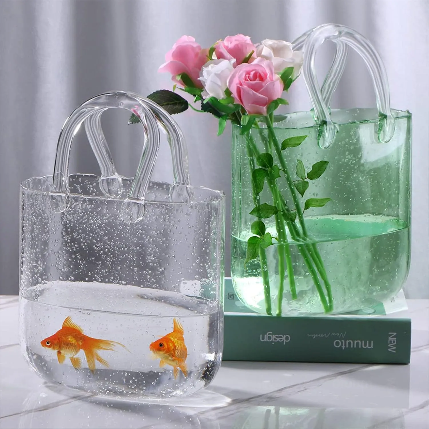 LAMPPE Bag Vase, Cute Bag Vase Purse Vase with Fish Bowl Handbag Vase, for Floral Arrangement Centerpiece Home Decor,Style1-Blue