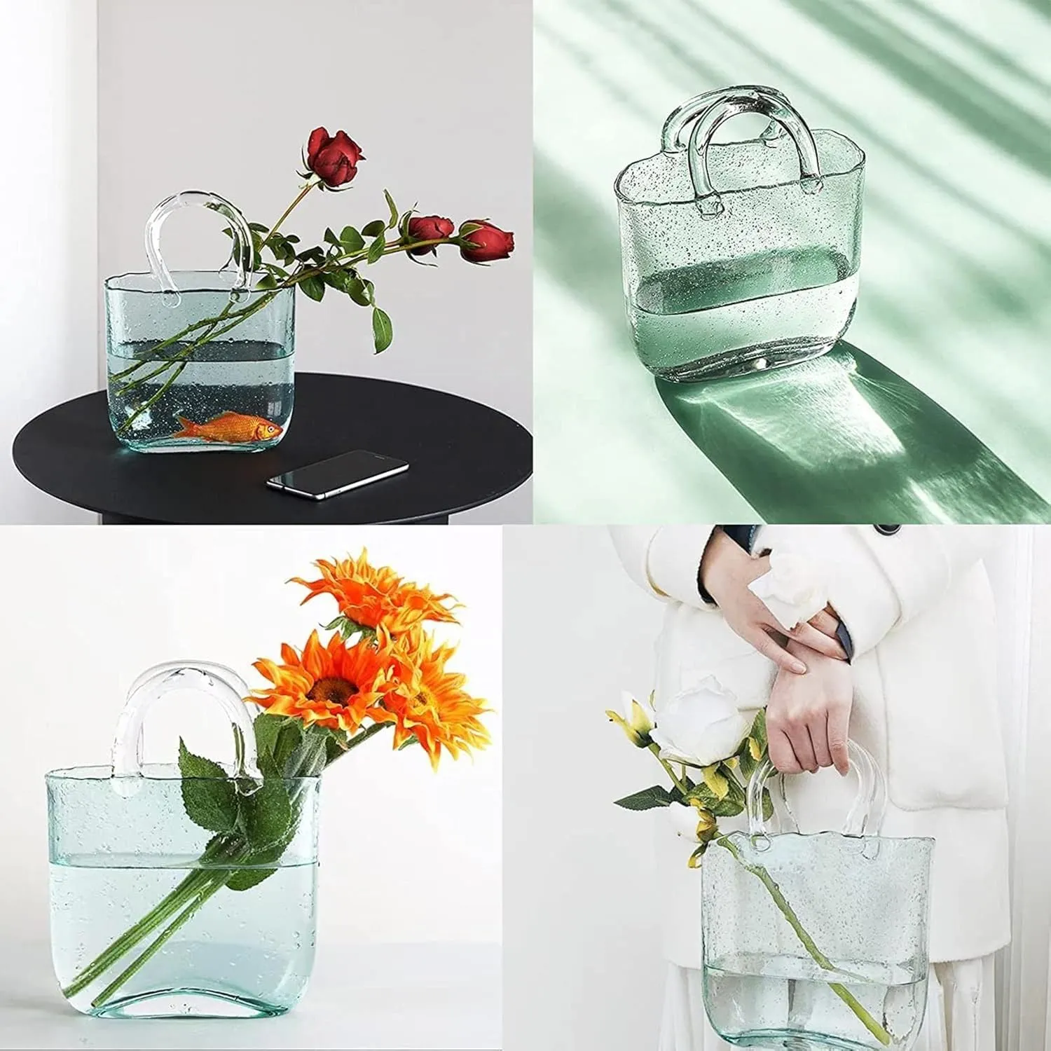 LAMPPE Bag Vase, Cute Bag Vase Purse Vase with Fish Bowl Handbag Vase, for Floral Arrangement Centerpiece Home Decor,Style1-Blue