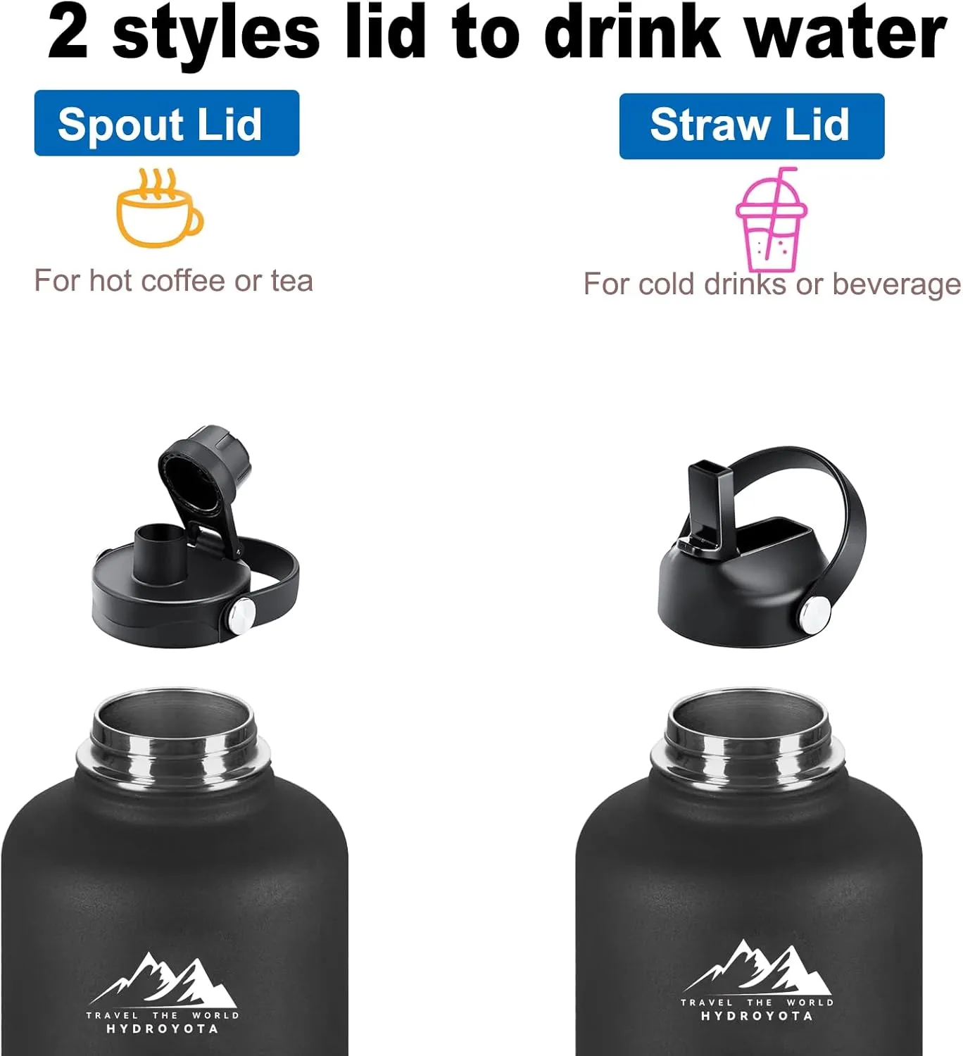 Large 64oz Sports Water Jug with Straw Lid,Half Gallon Stainless Steel Insulated Cold Drink Water Bottles,Wide Mouth Metal Thermal Cup,for Sports、Camping、GYM,Men,Black