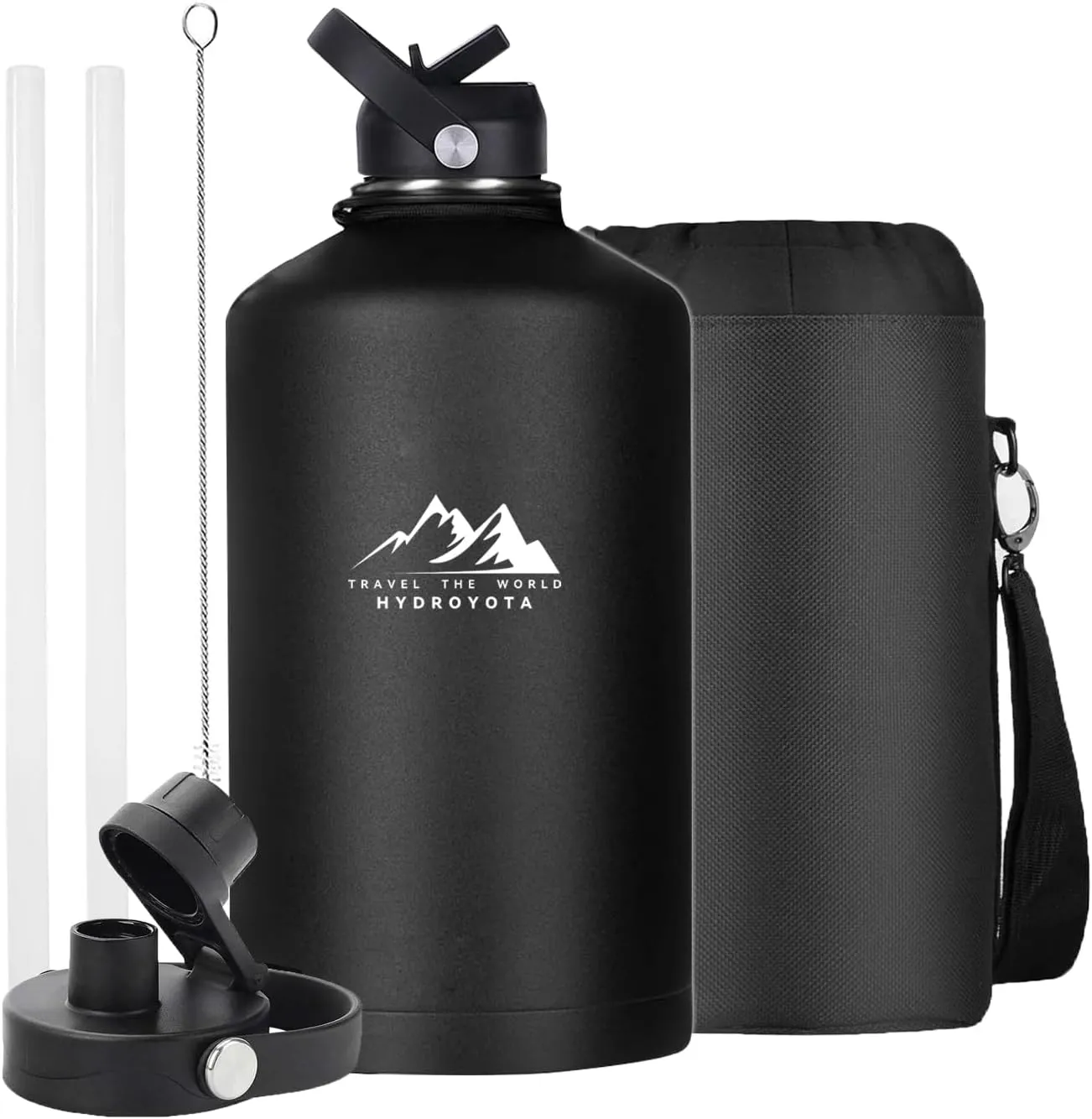 Large 64oz Sports Water Jug with Straw Lid,Half Gallon Stainless Steel Insulated Cold Drink Water Bottles,Wide Mouth Metal Thermal Cup,for Sports、Camping、GYM,Men,Black