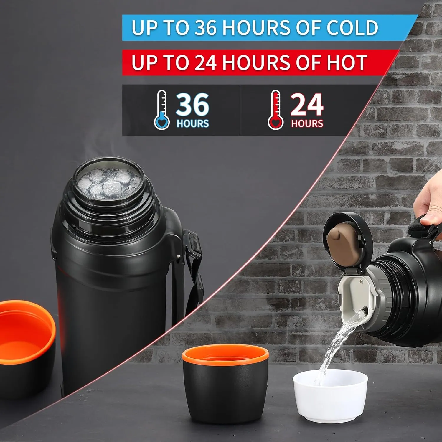 Large Thermosflask- 64oz Stainless Steel Insulated Bottle for Travel with BPA Free Cup - 2.0L Oversized Vacuum Insulated Thermoses with Handle and Strap for Hot & Cold Drinks(Black)