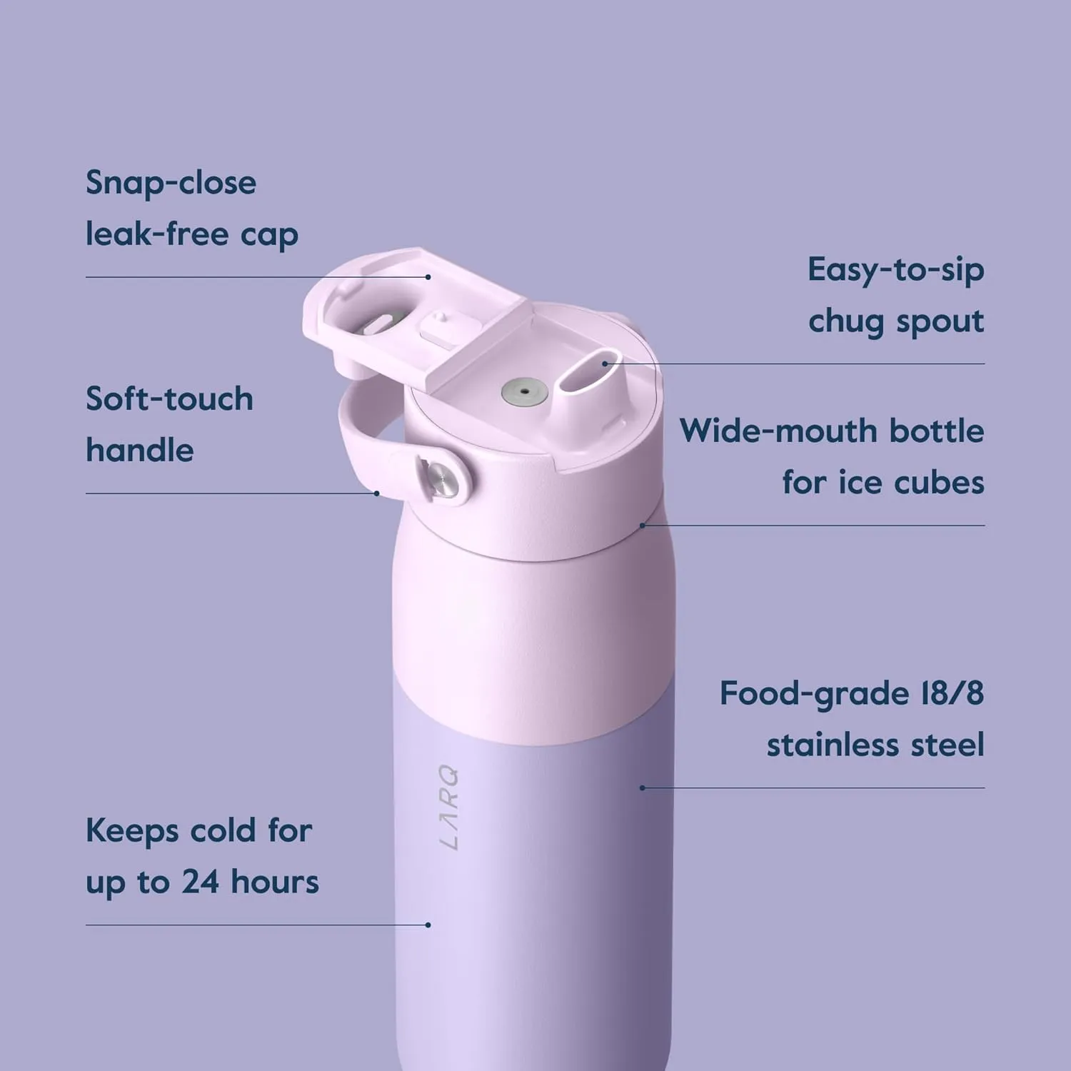 LARQ Swig Top 23oz - Insulated Stainless Steel Water Bottle With Built-In Silicone Handle | Thermos, BPA Free | Reusable Bottle for Sports, Gym, and Travel, Luberon Lavender