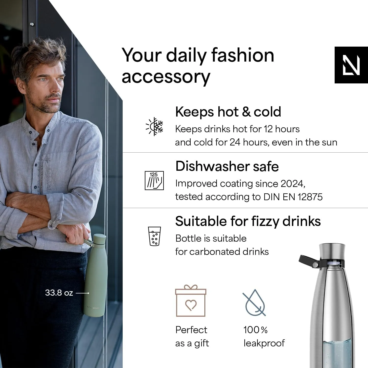 LARS NYSØM Stainless Steel Insulated Water Bottle 25oz 34oz | Insulated Thermo Flask for Hot and Cold Beverages | Leakproof Drinking Bottle (Stainless Steel, 33.9oz)