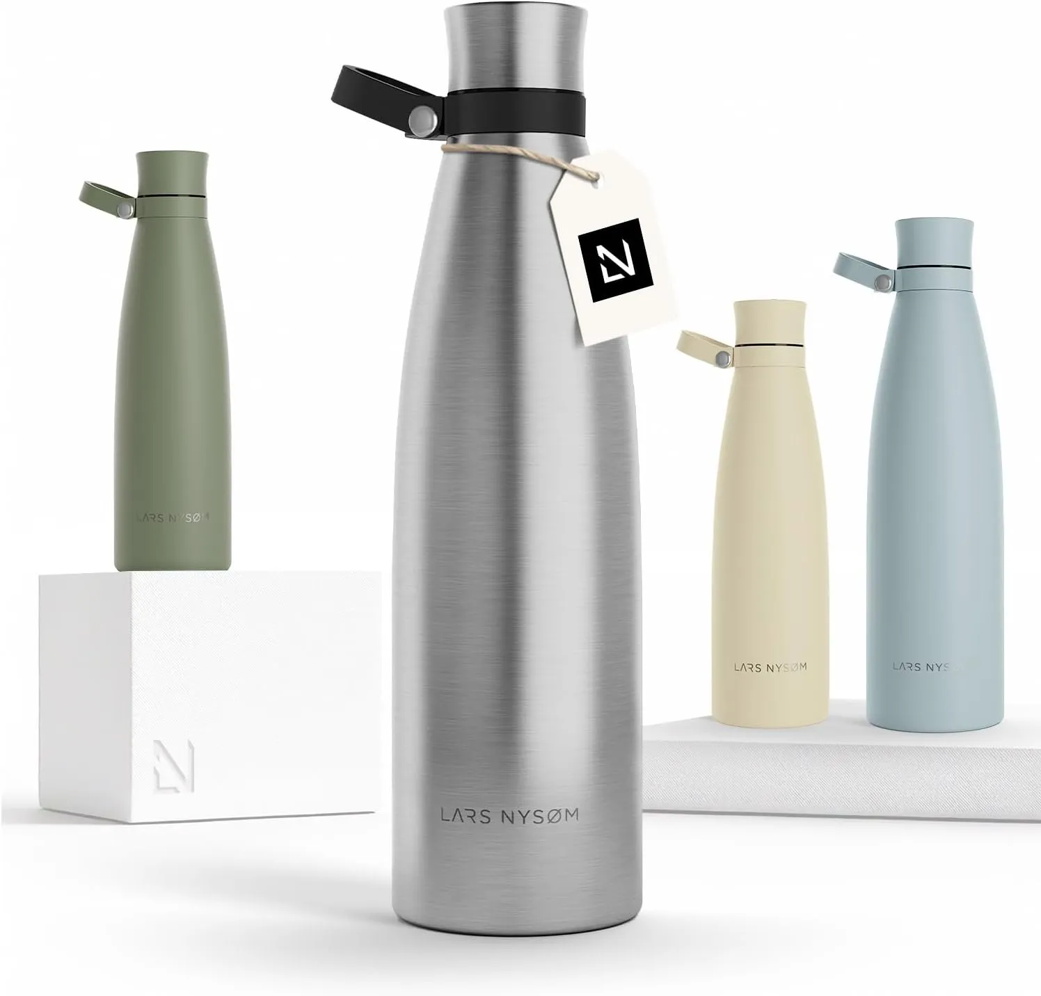 LARS NYSØM Stainless Steel Insulated Water Bottle 25oz 34oz | Insulated Thermo Flask for Hot and Cold Beverages | Leakproof Drinking Bottle (Stainless Steel, 33.9oz)