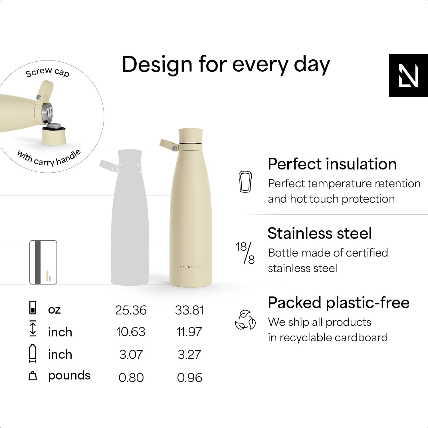 LARS NYSØM Stainless Steel Insulated Water Bottle 25oz 34oz | Insulated Thermo Flask for Hot and Cold Beverages | Leakproof Drinking Bottle (Stainless Steel, 33.9oz)