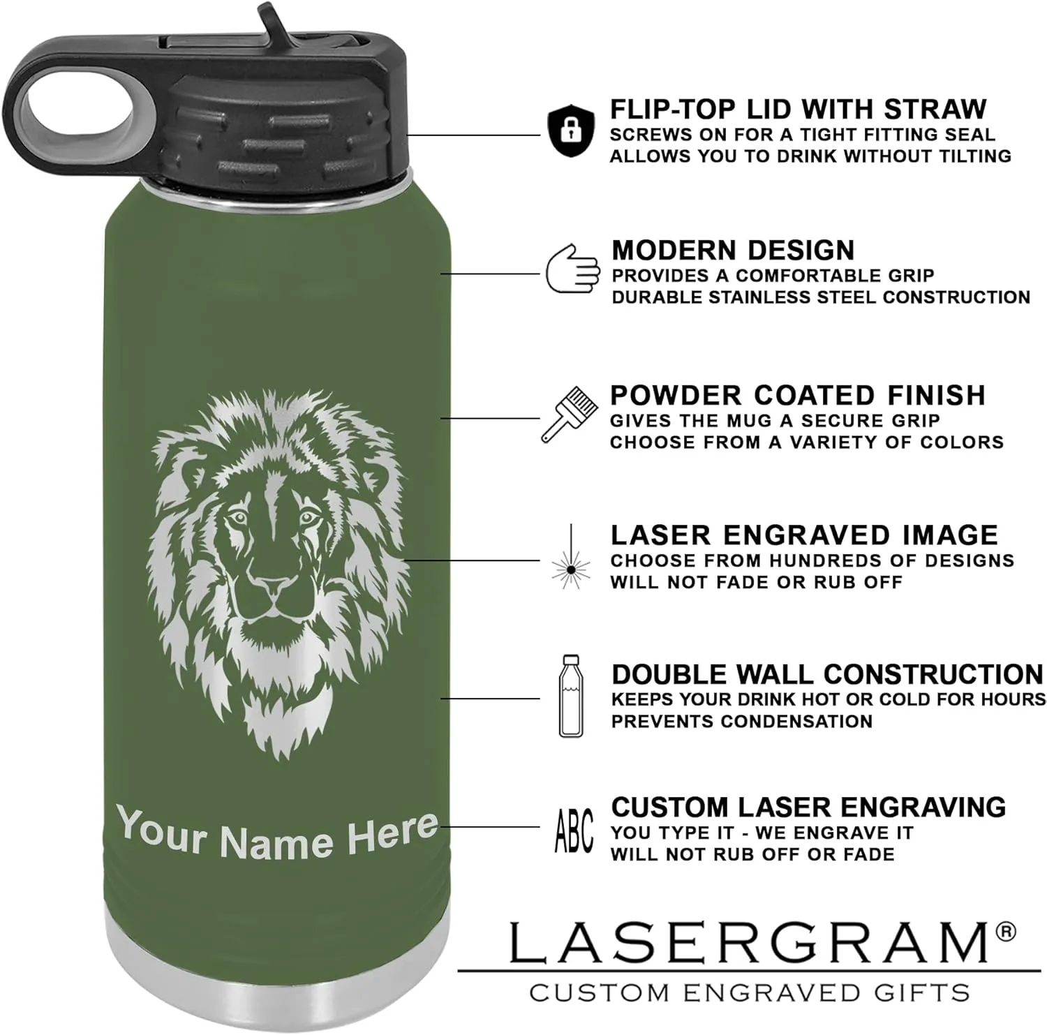 LaserGram Personalized Water Bottle, Sun, Stainless Steel Double Wall Vacuum Insulated with Flip Top Straw, Custom Engraved Gift (40oz / 1180ml Camo Green)