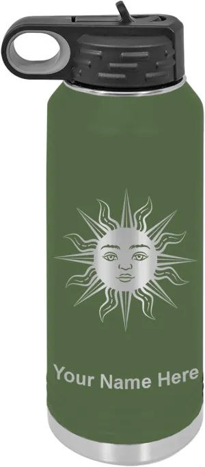 LaserGram Personalized Water Bottle, Sun, Stainless Steel Double Wall Vacuum Insulated with Flip Top Straw, Custom Engraved Gift (40oz / 1180ml Camo Green)