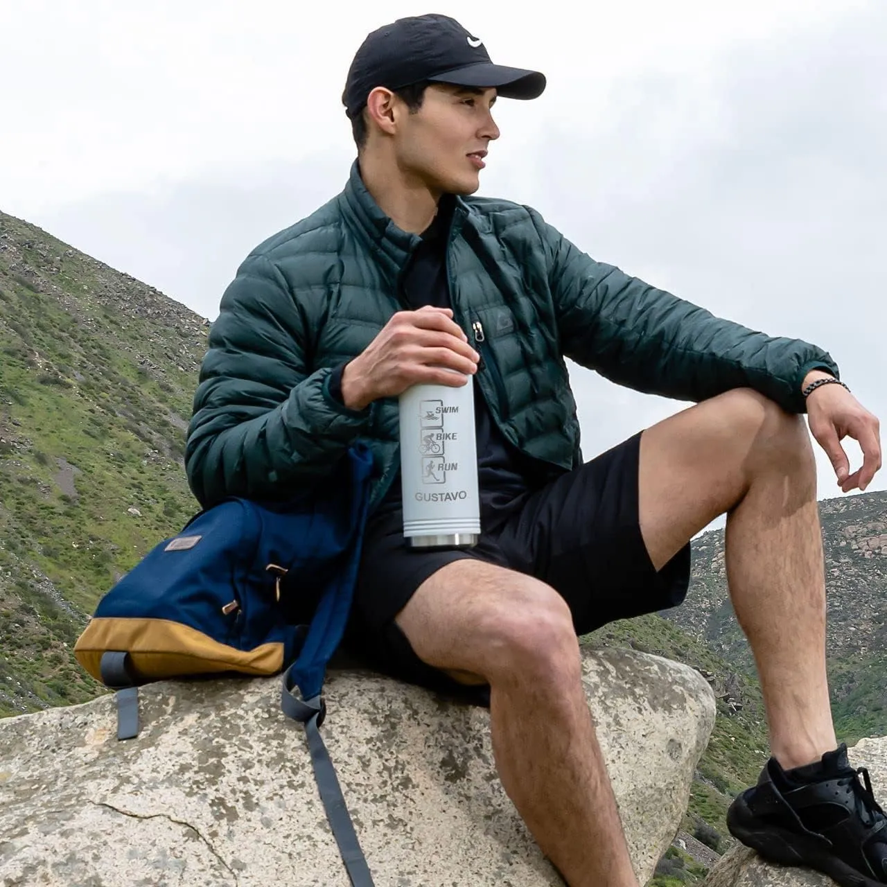 LaserGram Personalized Water Bottle, Sun, Stainless Steel Double Wall Vacuum Insulated with Flip Top Straw, Custom Engraved Gift (40oz / 1180ml Camo Green)