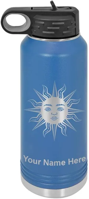 LaserGram Personalized Water Bottle, Sun, Stainless Steel Double Wall Vacuum Insulated with Flip Top Straw, Custom Engraved Gift (40oz / 1180ml Dark Blue)
