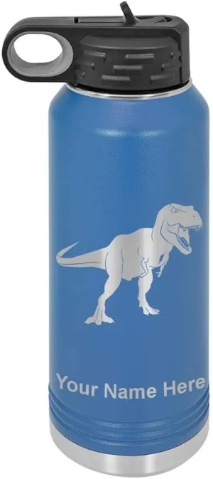 LaserGram Personalized Water Bottle, Tyrannosaurus Rex Dinosaur, Stainless Steel Double Wall Vacuum Insulated with Flip Top Straw, Custom Engraved Gift (40oz / 1180ml Dark Blue)