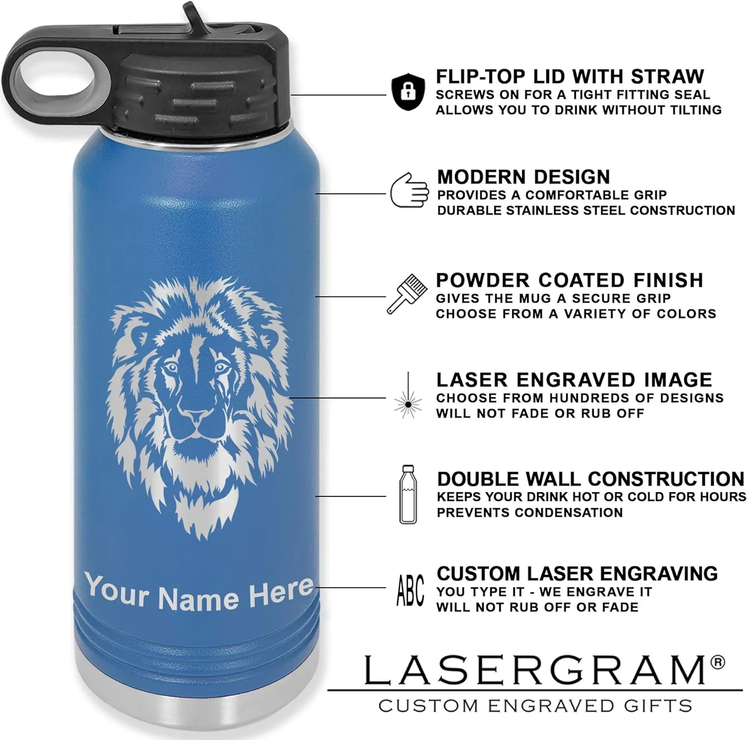 LaserGram Personalized Water Bottle, Tyrannosaurus Rex Dinosaur, Stainless Steel Double Wall Vacuum Insulated with Flip Top Straw, Custom Engraved Gift (40oz / 1180ml Dark Blue)