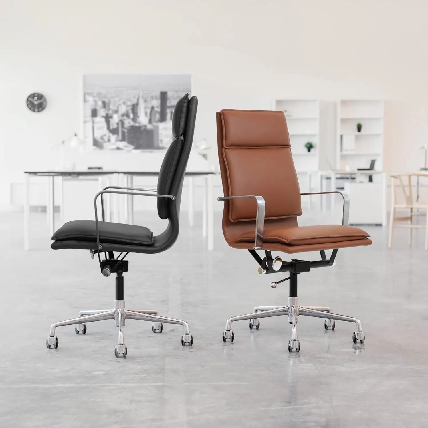 Laura Davidson Furniture Lexi II Padded Office Chair - Tall Back Desk Chair with Arm Rest, Swivel & Cushion Availability, Made of Faux Leather, Grey, Computer Chair