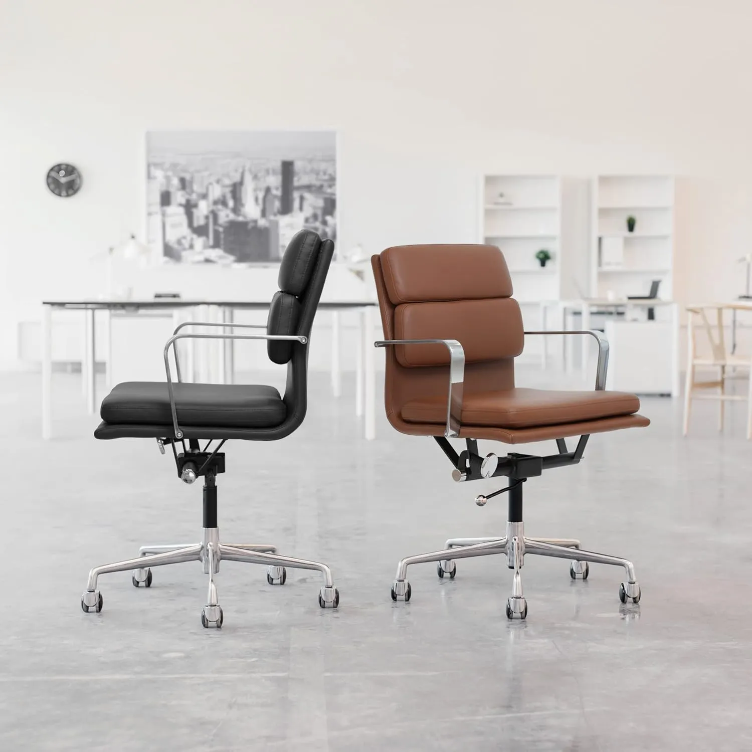 Laura Davidson Furniture SOHO II Padded Management Office Chair - Mid Back Desk Chair with Arm Rest, Swivel & Cushion Availability, Made of Faux Leather, Blue, Computer Chair