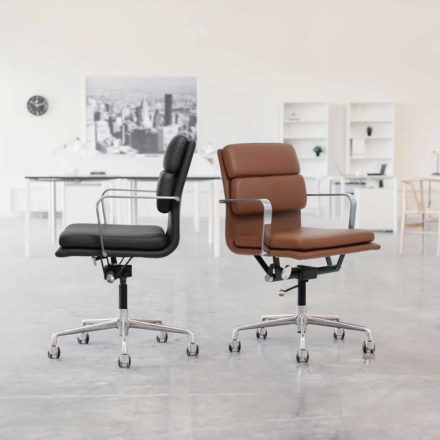 Laura Davidson Furniture SOHO II Padded Management Office Chair - Mid Back Desk Chair with Arm Rest, Swivel & Cushion Availability, Made of Faux Leather, Brown, Computer Chair