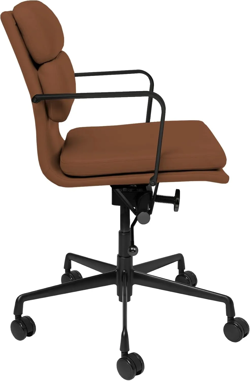 Laura Davidson Furniture SOHO II Padded Management Office Chair - Mid Back Desk Chair with Arm Rest, Swivel & Cushion Availability, Made of Faux Leather, Brown with Black Frame, Computer Chair