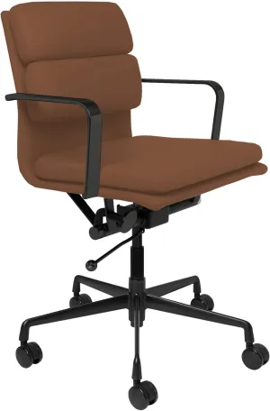 Laura Davidson Furniture SOHO II Padded Management Office Chair - Mid Back Desk Chair with Arm Rest, Swivel & Cushion Availability, Made of Faux Leather, Brown with Black Frame, Computer Chair