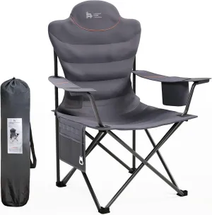 LAUSAINT HOME Portable Camping Chair for Adults, Full Padded Folding Chair Support 300 LBS, Heavy Duty Lawn Chair with Cup Holder, Cooler Bag, Storage Pocket, Lumbar Support, Head Pocket（Grey）