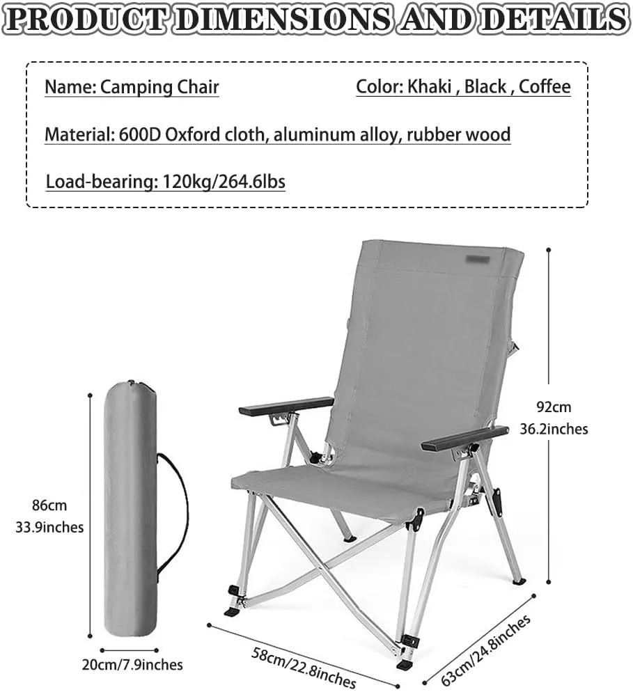 Lawn Chair Folding Ergonomic 4 Levels Adjustment Camping Chair, Outdoor Stable Aluminum Alloy Beach Chair with Mesh Bag, Load-Bearing 120kg/264.6lbs(Coffee)