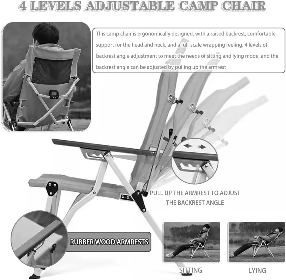 Lawn Chair Folding Ergonomic 4 Levels Adjustment Camping Chair, Outdoor Stable Aluminum Alloy Beach Chair with Mesh Bag, Load-Bearing 120kg/264.6lbs(Coffee)