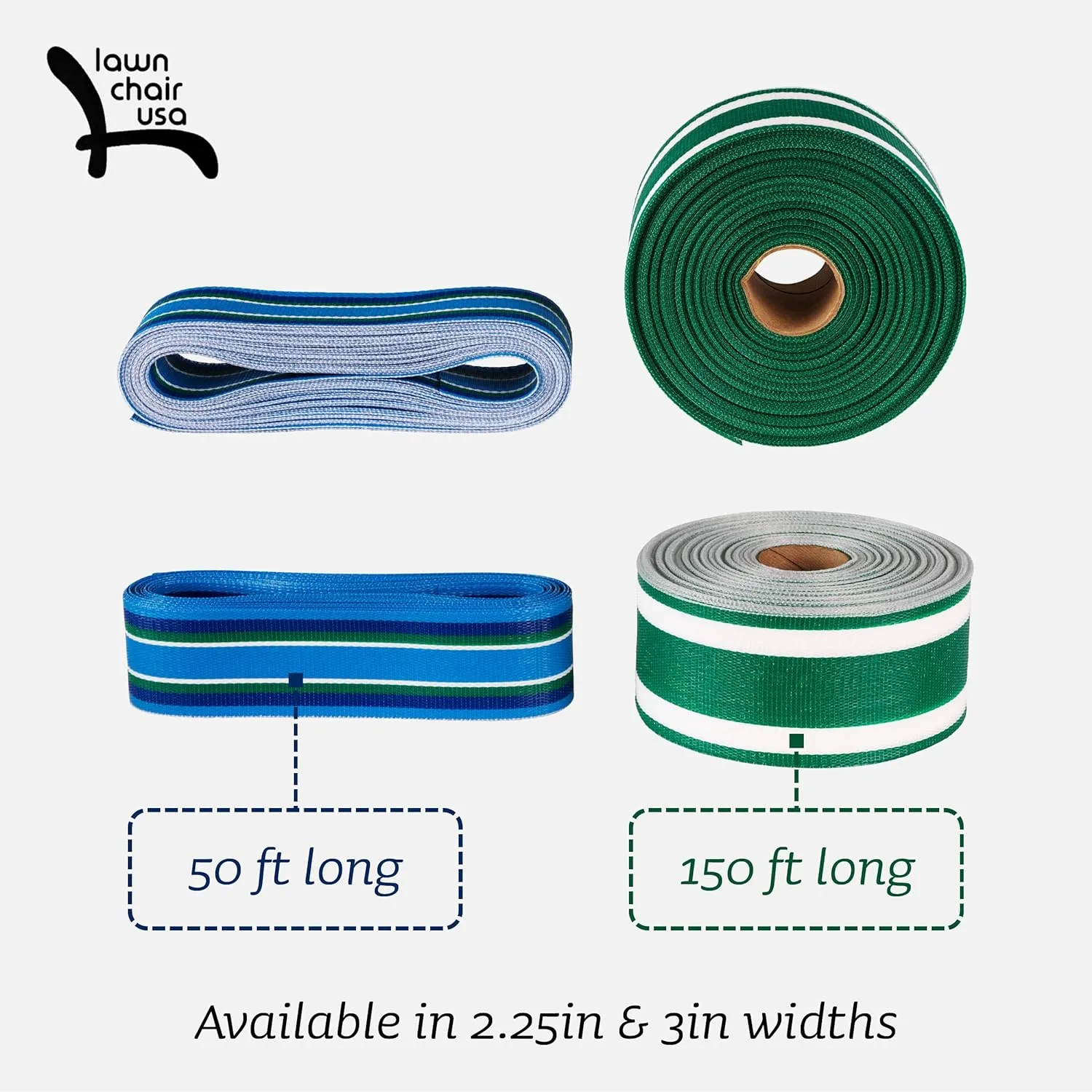 Lawn Chair USA Replacement Lawn Chair Webbing - Webbing for Lawn Chairs, Beach and Camping. UV-Resistant Webbing Strap Made with Durable Polypropylene (2 1/4" x 150', Sea Island Blue)