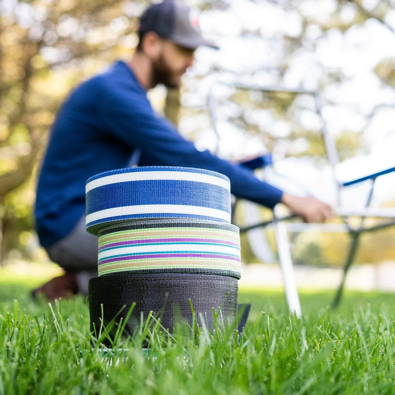 Lawn Chair USA Replacement Lawn Chair Webbing - Webbing for Lawn Chairs, Beach and Camping. UV-Resistant Webbing Strap Made with Durable Polypropylene (2 1/4" x 150', Sea Island Blue)