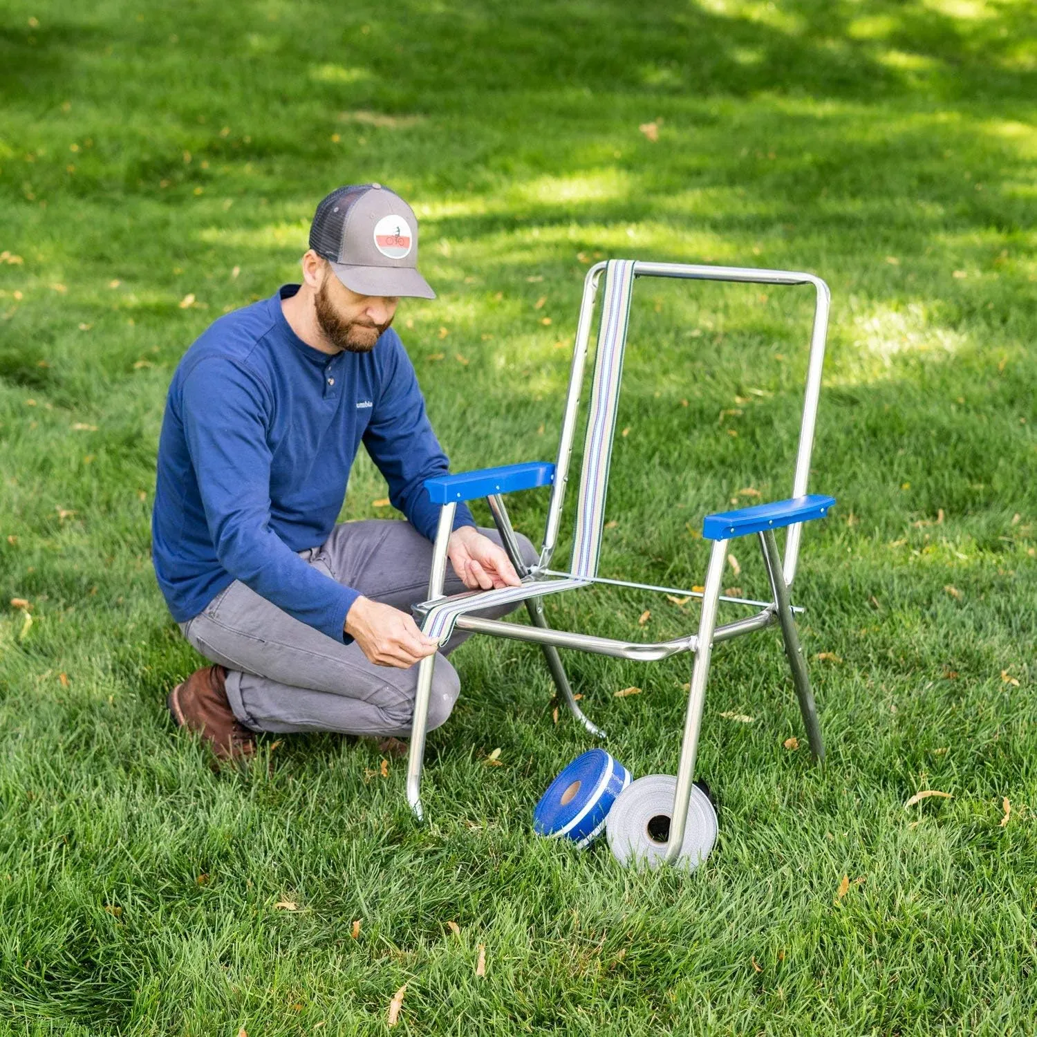 Lawn Chair USA Replacement Lawn Chair Webbing - Webbing for Lawn Chairs, Beach and Camping. UV-Resistant Webbing Strap Made with Durable Polypropylene (2 1/4" x 150', Sea Island Blue)