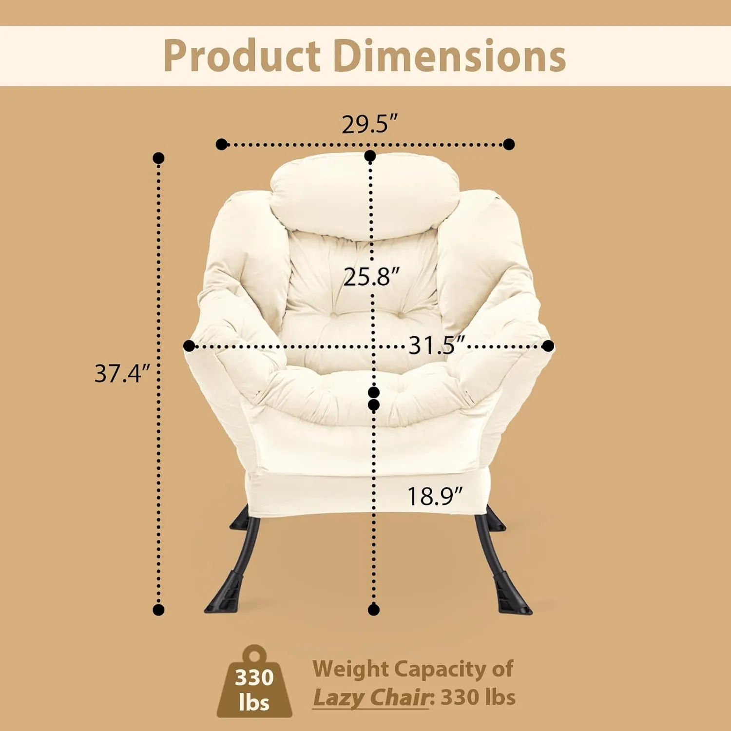 Lazy Chair Thick Padded, Accent Chair Velvet Upholstered with Wide Seat, Stable Metal Frame and Non-Slip Pad, Modern Sofa Armchair with Side Storage Bag for Dorm, Room, Office, Beige
