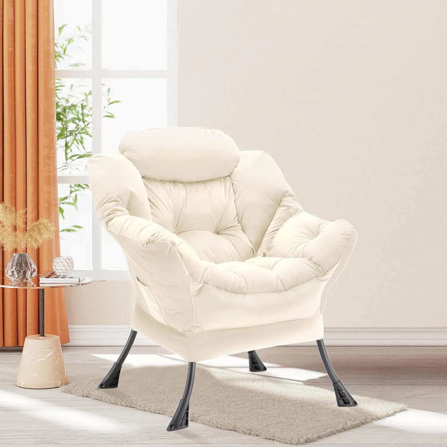 Lazy Chair Thick Padded, Accent Chair Velvet Upholstered with Wide Seat, Stable Metal Frame and Non-Slip Pad, Modern Sofa Armchair with Side Storage Bag for Dorm, Room, Office, Beige