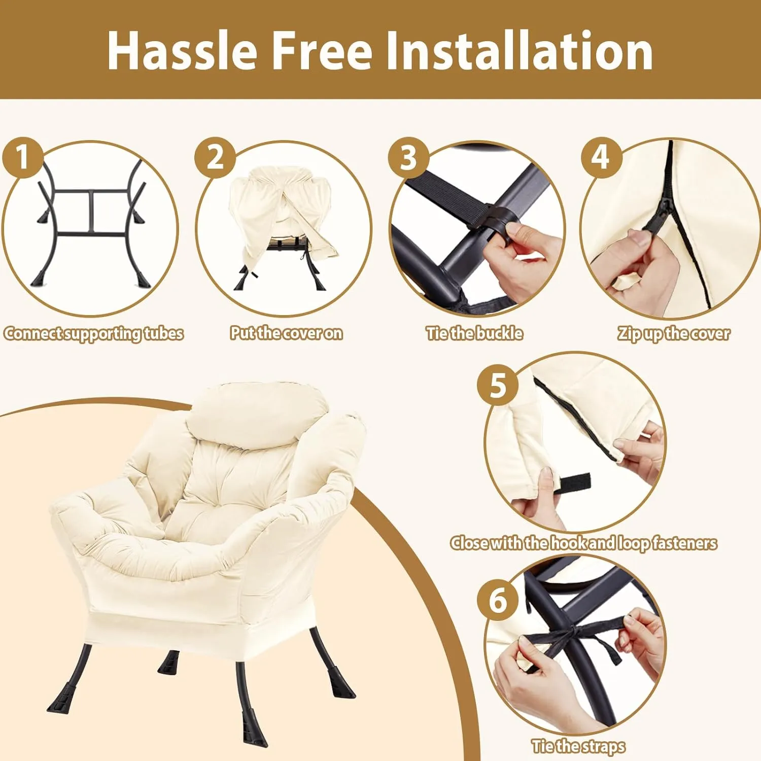 Lazy Chair Thick Padded, Accent Chair Velvet Upholstered with Wide Seat, Stable Metal Frame and Non-Slip Pad, Modern Sofa Armchair with Side Storage Bag for Dorm, Room, Office, Beige
