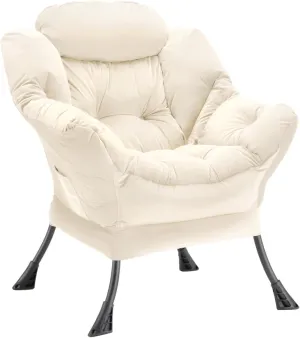 Lazy Chair Thick Padded, Accent Chair Velvet Upholstered with Wide Seat, Stable Metal Frame and Non-Slip Pad, Modern Sofa Armchair with Side Storage Bag for Dorm, Room, Office, Beige