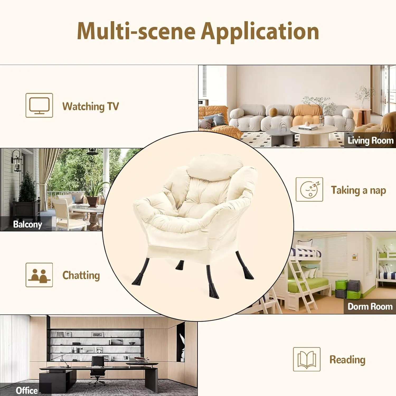 Lazy Chair Thick Padded, Accent Chair Velvet Upholstered with Wide Seat, Stable Metal Frame and Non-Slip Pad, Modern Sofa Armchair with Side Storage Bag for Dorm, Room, Office, Beige