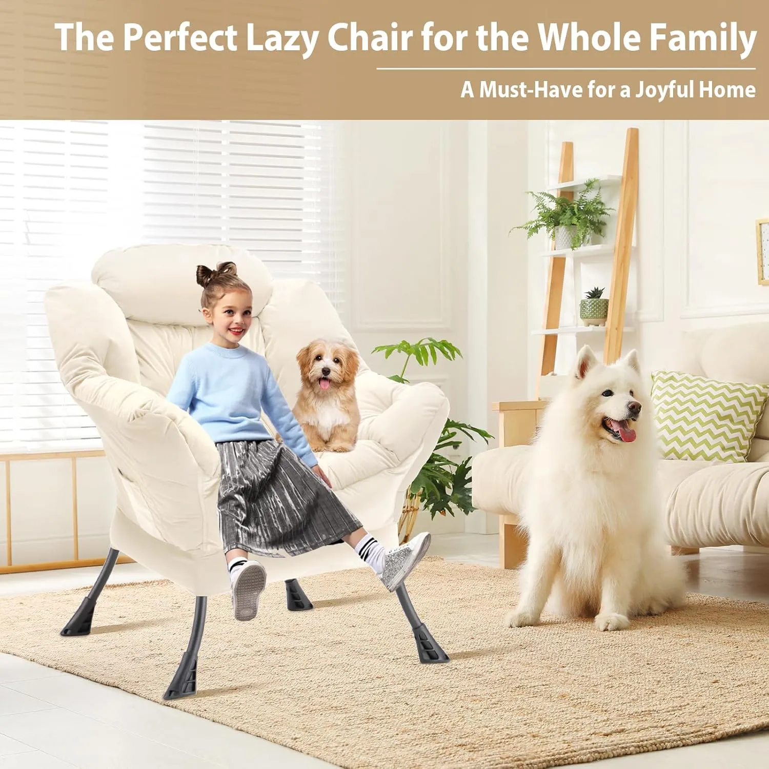 Lazy Chair Thick Padded, Accent Chair Velvet Upholstered with Wide Seat, Stable Metal Frame and Non-Slip Pad, Modern Sofa Armchair with Side Storage Bag for Dorm, Room, Office, Beige