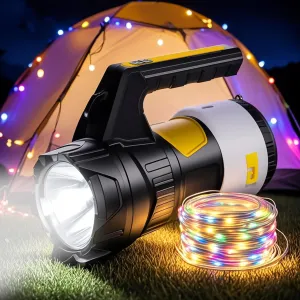 LED Camping Lantern Rechargeable, Camping Flashlight Spotlight 1200LM, 47.6FT Fairy Lights 6 Light Modes for Holiday Decoration, Emergency, Hiking, Power Outages, Camping Essentials