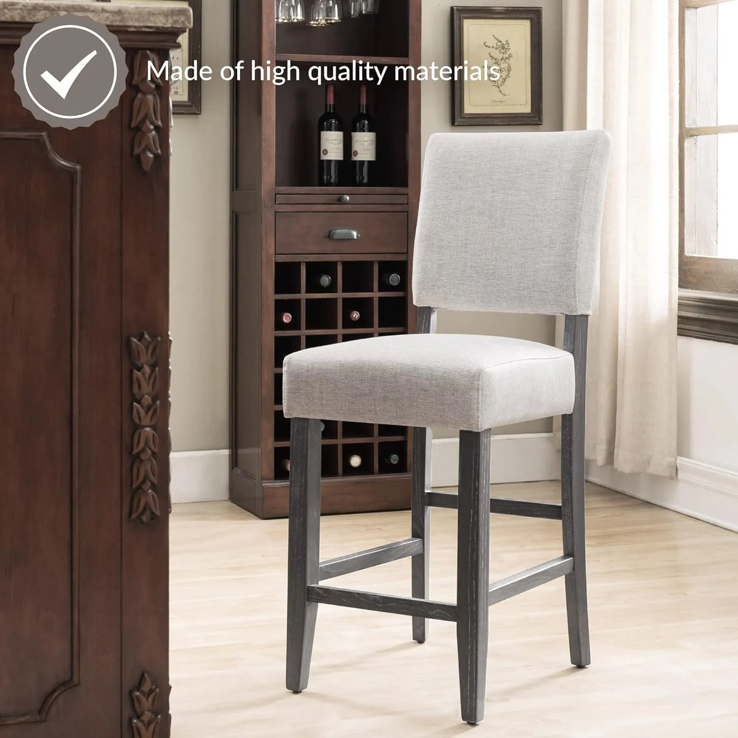 Leick Home 10086BB/HG Upholstered Back Counter Height Stool with Wood Base, Set of 2, for Kitchen Counters and Islands, Blackbean and Gray Wash/Heather Gray