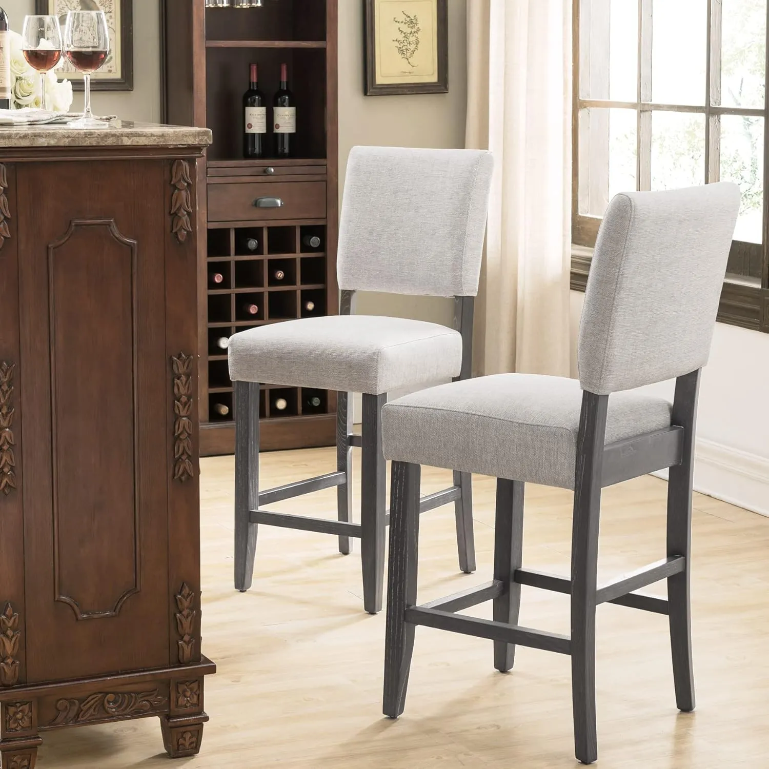 Leick Home 10086BB/HG Upholstered Back Counter Height Stool with Wood Base, Set of 2, for Kitchen Counters and Islands, Blackbean and Gray Wash/Heather Gray
