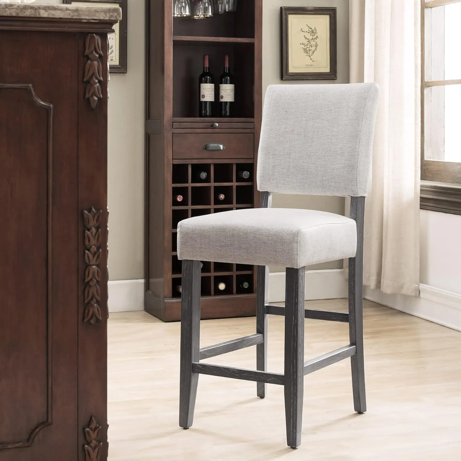 Leick Home 10086BB/HG Upholstered Back Counter Height Stool with Wood Base, Set of 2, for Kitchen Counters and Islands, Blackbean and Gray Wash/Heather Gray